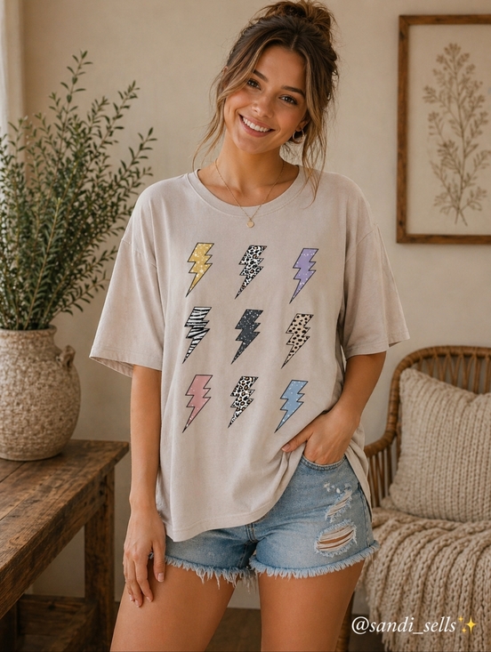 Tops - Neutral Graphic Tee with Colorful Lightning Bolts